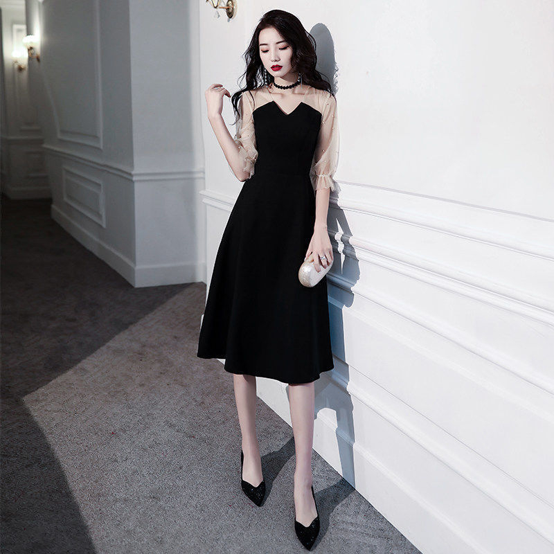 Női estélyi ruha – A-vonalú midi, mély V-nyak, háromnegyedes ujj, karcsú szabás, pamut anyag