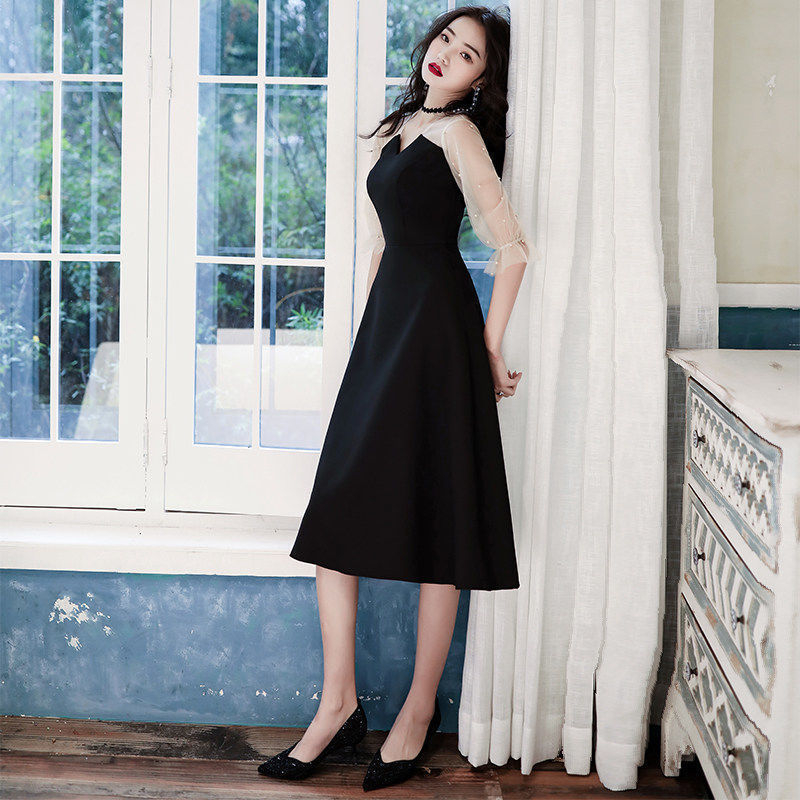 Női estélyi ruha – A-vonalú midi, mély V-nyak, háromnegyedes ujj, karcsú szabás, pamut anyag