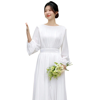 Francuski stil lagane vjenčane haljine sa satenom, duboki V izrez, 3/4 rukavi, duga suknja