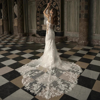 Rochie de mireasă din dantelă, siluetă fishtail, cu bretele subțiri, lungă, poliester