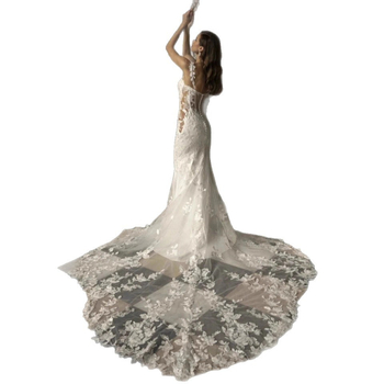 Rochie de mireasă din dantelă, siluetă fishtail, cu bretele subțiri, lungă, poliester