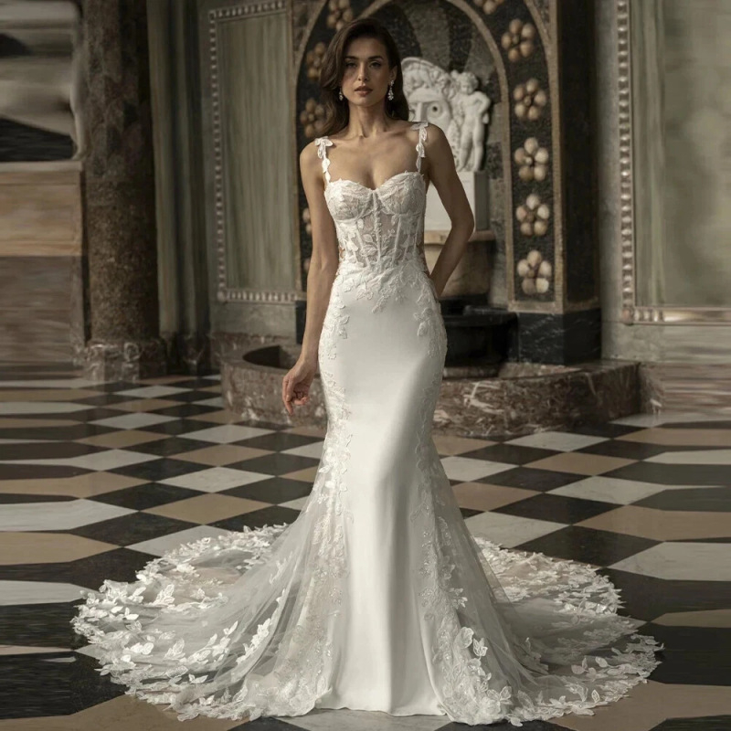 Rochie de mireasă din dantelă, siluetă fishtail, cu bretele subțiri, lungă, poliester