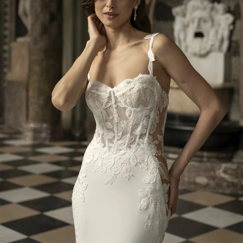 Rochie de mireasă din dantelă, siluetă fishtail, cu bretele subțiri, lungă, poliester