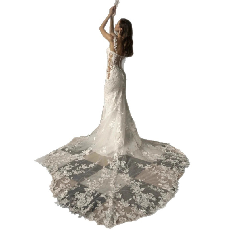 Rochie de mireasă din dantelă, siluetă fishtail, cu bretele subțiri, lungă, poliester