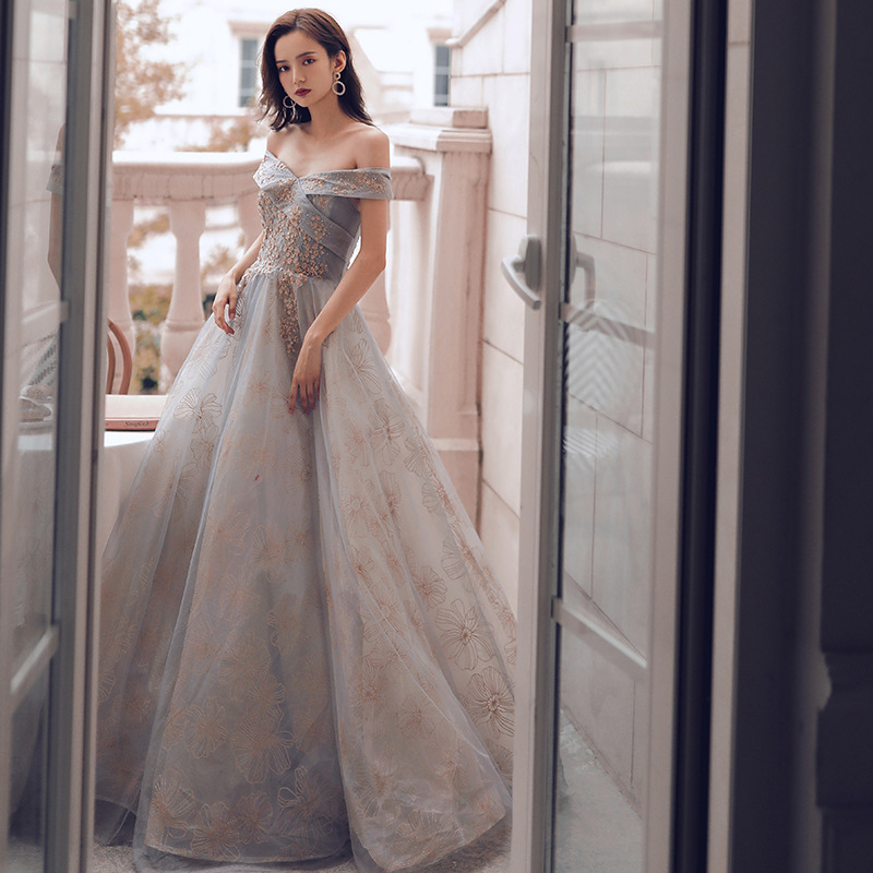 Midi večernja haljina s otvorenim ramenima, A-linijski kroj, poliester, bez rukava