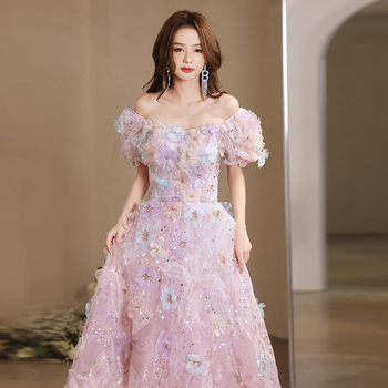 Francuska cvjetna šumska večernja haljina, kroj A-linije, duga haljina, rukavi princeze, chenille tkanina s elastanom