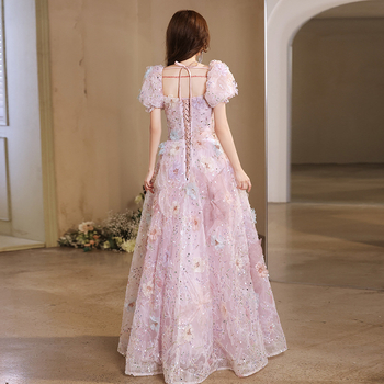 Francuska cvjetna šumska večernja haljina, kroj A-linije, duga haljina, rukavi princeze, chenille tkanina s elastanom