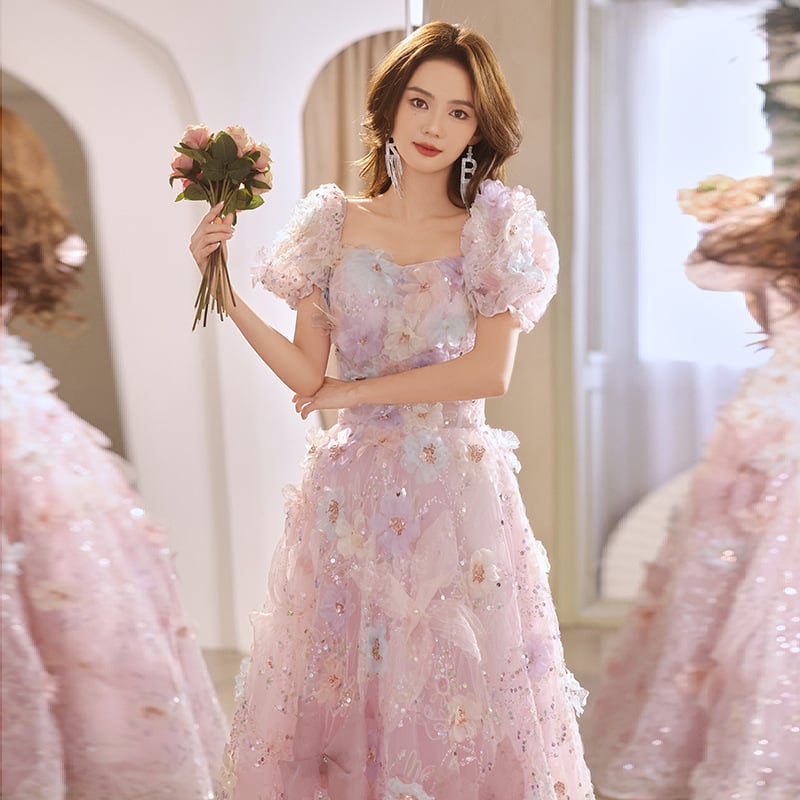 Francuska cvjetna šumska večernja haljina, kroj A-linije, duga haljina, rukavi princeze, chenille tkanina s elastanom