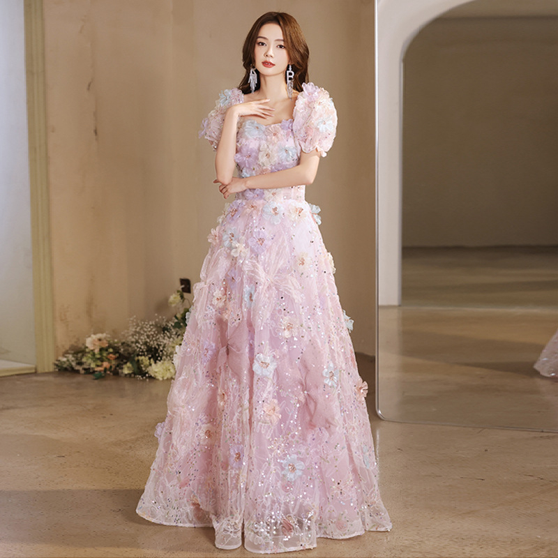 Francuska cvjetna šumska večernja haljina, kroj A-linije, duga haljina, rukavi princeze, chenille tkanina s elastanom