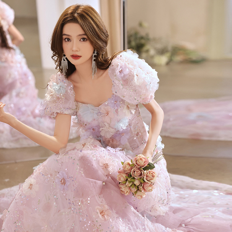 Francuska cvjetna šumska večernja haljina, kroj A-linije, duga haljina, rukavi princeze, chenille tkanina s elastanom