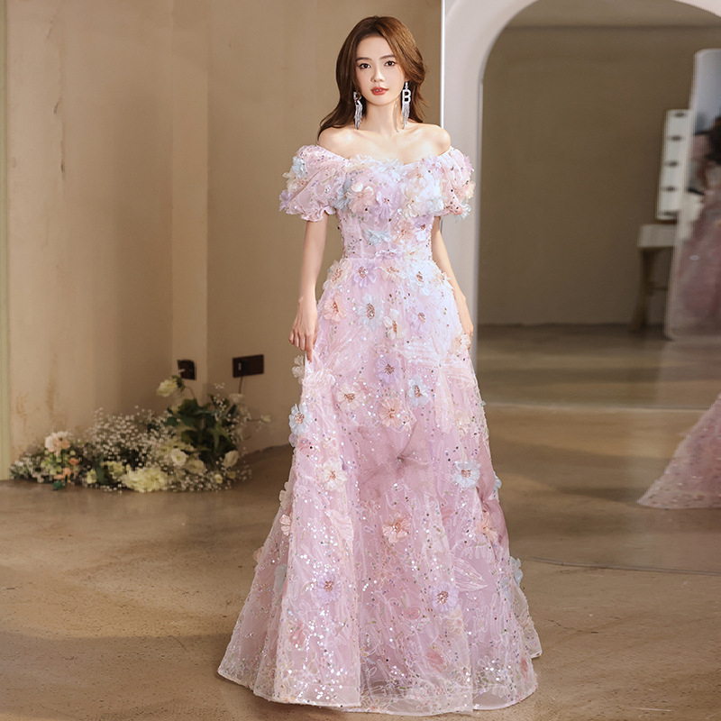 Francuska cvjetna šumska večernja haljina, kroj A-linije, duga haljina, rukavi princeze, chenille tkanina s elastanom