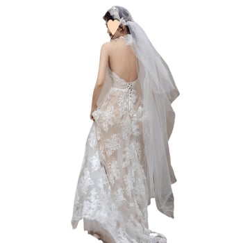 Francia stílusú vintage csipke esküvői ruha, halter nyakú, mély V-nyak, magas derék, hosszú ujjú