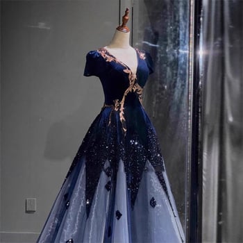 Színpadi műsorra szánt házigazdai ruha – A-vonalú, hosszú szoknya, mély V-nyak, 3/4-ujj, poliészter