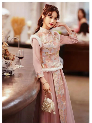 Koszorúslány ruha A-vonalú, egy váll, hosszú ujjú, hosszú szoknya, Chenille anyag, 50–70% spandex