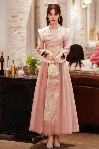 Koszorúslány ruha A-vonalú, egy váll, hosszú ujjú, hosszú szoknya, Chenille anyag, 50–70% spandex