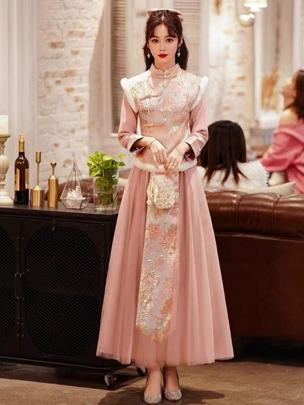 Koszorúslány ruha A-vonalú, egy váll, hosszú ujjú, hosszú szoknya, Chenille anyag, 50–70% spandex