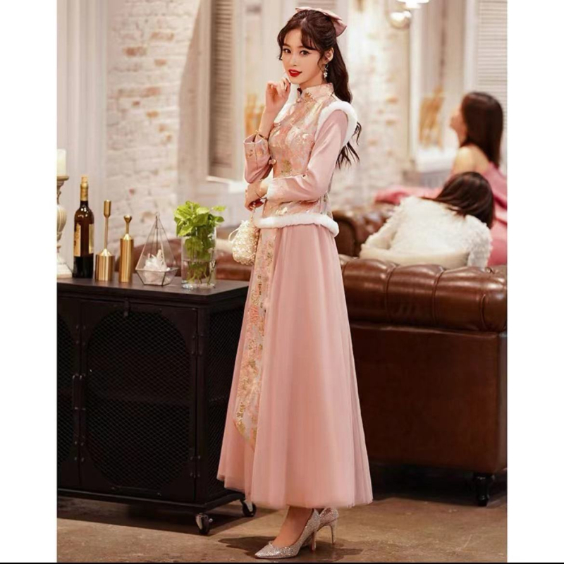 Koszorúslány ruha A-vonalú, egy váll, hosszú ujjú, hosszú szoknya, Chenille anyag, 50–70% spandex