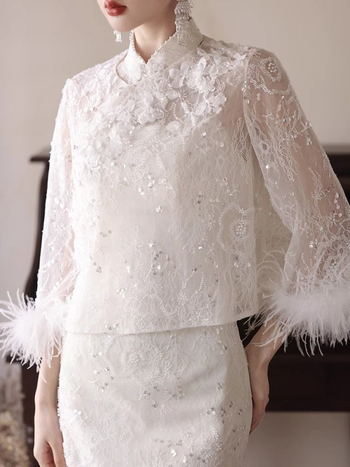 Cheongsam-stílusú eljegyzési ruha Chenille-Spandex keverékből, A-vonalú siluett, egy vállú kivágás, hercegnő ujjú, magas derék