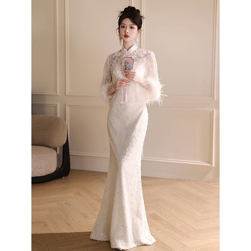 Cheongsam-stílusú eljegyzési ruha Chenille-Spandex keverékből, A-vonalú siluett, egy vállú kivágás, hercegnő ujjú, magas derék