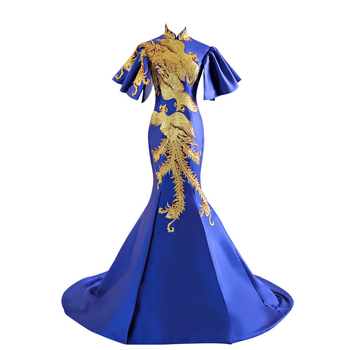 Rochie lungă în stil chinezesc pentru reprezentații pe scenă, talie înaltă, mâneci clopot, fustă lungă, material poliester