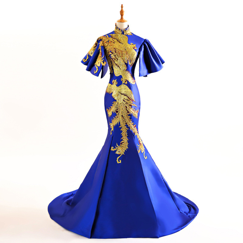 Rochie lungă în stil chinezesc pentru reprezentații pe scenă, talie înaltă, mâneci clopot, fustă lungă, material poliester