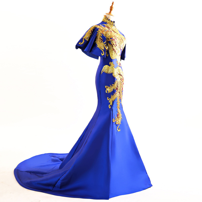 Rochie lungă în stil chinezesc pentru reprezentații pe scenă, talie înaltă, mâneci clopot, fustă lungă, material poliester