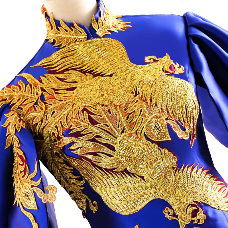 Rochie lungă în stil chinezesc pentru reprezentații pe scenă, talie înaltă, mâneci clopot, fustă lungă, material poliester