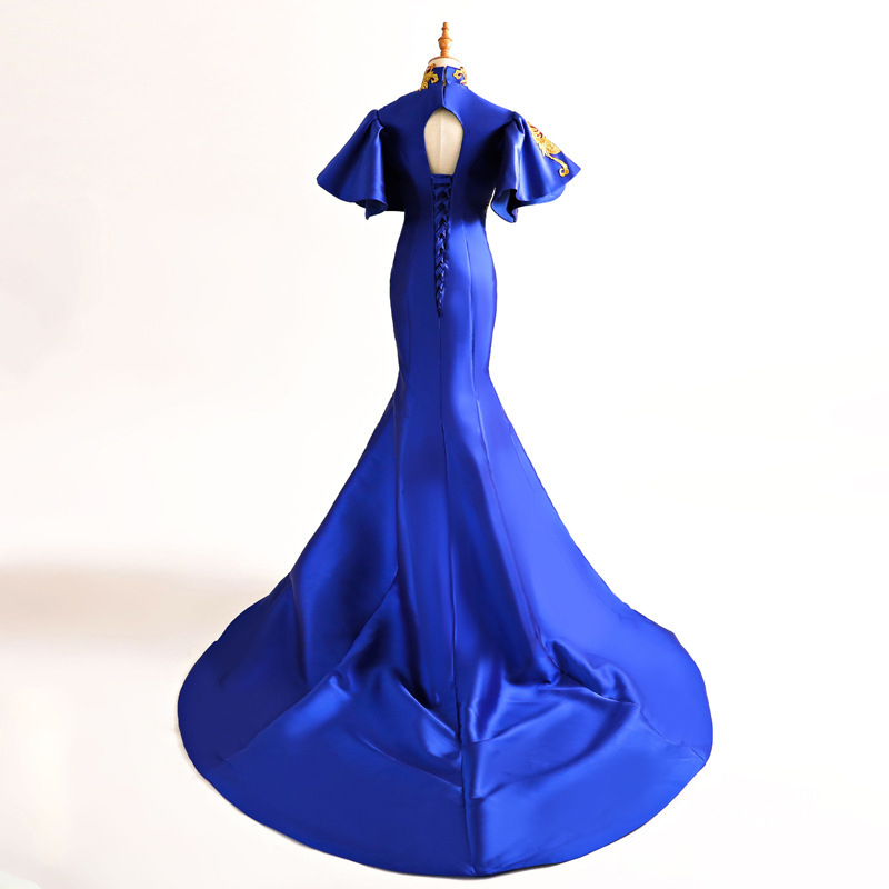 Rochie lungă în stil chinezesc pentru reprezentații pe scenă, talie înaltă, mâneci clopot, fustă lungă, material poliester