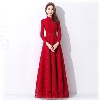 Csipkés hosszú ujjú esküvői ruha, A-vonalú sziluett, kínai stílusú toast esküvői ruha, anyag: 80% poliészter / 10% Vinylon