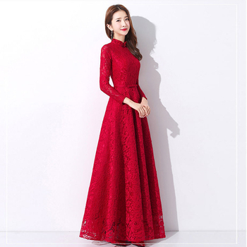 Csipkés hosszú ujjú esküvői ruha, A-vonalú sziluett, kínai stílusú toast esküvői ruha, anyag: 80% poliészter / 10% Vinylon