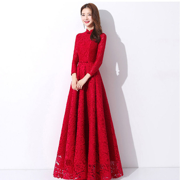 Csipkés hosszú ujjú esküvői ruha, A-vonalú sziluett, kínai stílusú toast esküvői ruha, anyag: 80% poliészter / 10% Vinylon