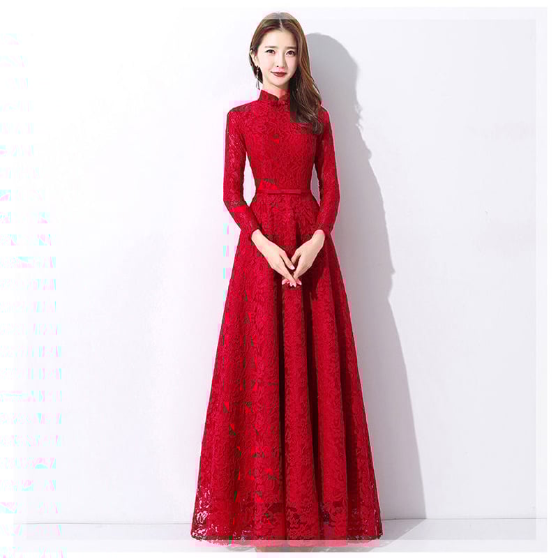 Csipkés hosszú ujjú esküvői ruha, A-vonalú sziluett, kínai stílusú toast esküvői ruha, anyag: 80% poliészter / 10% Vinylon