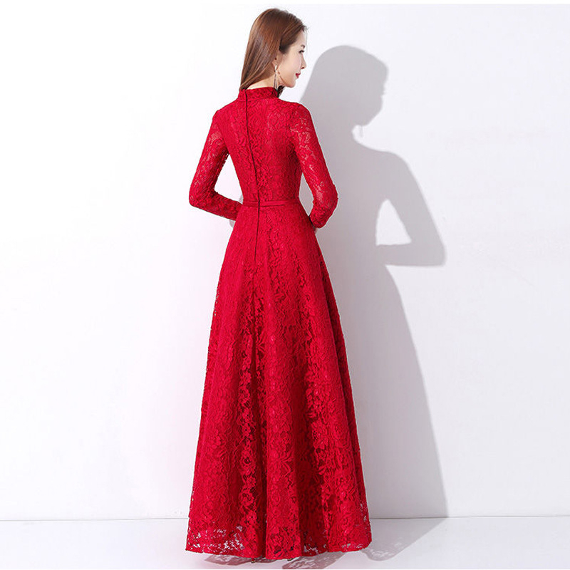 Csipkés hosszú ujjú esküvői ruha, A-vonalú sziluett, kínai stílusú toast esküvői ruha, anyag: 80% poliészter / 10% Vinylon