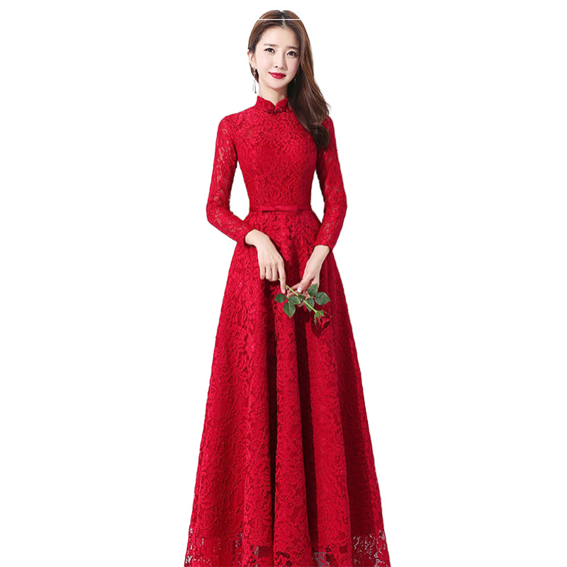 Csipkés hosszú ujjú esküvői ruha, A-vonalú sziluett, kínai stílusú toast esküvői ruha, anyag: 80% poliészter / 10% Vinylon