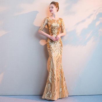 Női estélyi ruha, sellősilhouette, magas derék, félujjú, hosszú ruha, flitterekkel díszített poliészter