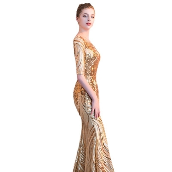 Női estélyi ruha, sellősilhouette, magas derék, félujjú, hosszú ruha, flitterekkel díszített poliészter