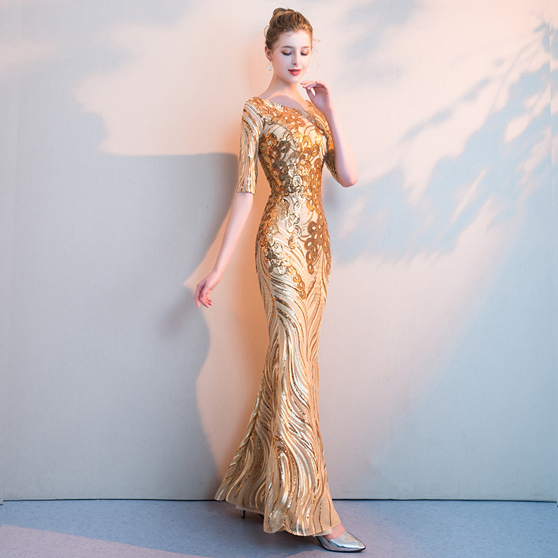 Női estélyi ruha, sellősilhouette, magas derék, félujjú, hosszú ruha, flitterekkel díszített poliészter