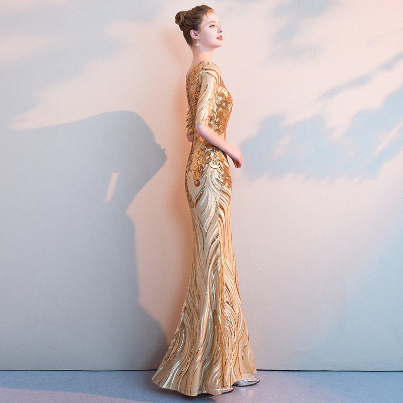 Női estélyi ruha, sellősilhouette, magas derék, félujjú, hosszú ruha, flitterekkel díszített poliészter