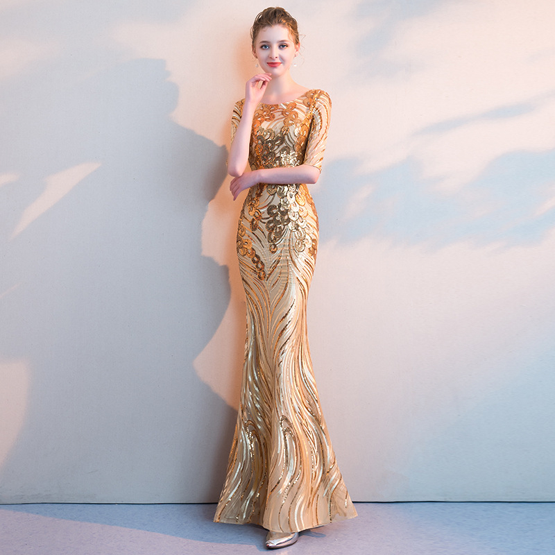 Női estélyi ruha, sellősilhouette, magas derék, félujjú, hosszú ruha, flitterekkel díszített poliészter