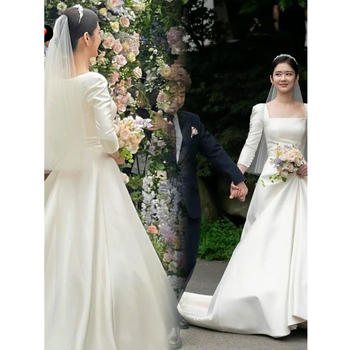 Zhang Nala vjenčana haljina u stilu zvijezde, satenska, kvadratni izrez, dugi rukavi, srednji struk, duga šlepa