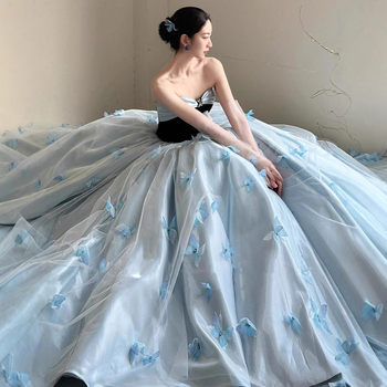 Plava večernja haljina bez naramenica za žene, luksuzni stil princeze, duga haljina visokog struka, bez rukava, za odrasle proslave i rođendane