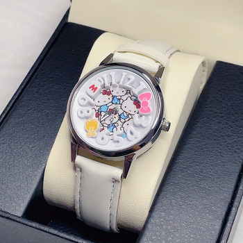 Ceas KT Cat, desen animat, analog, Timp mondial, Afișare 24 de ore, Mișcare cuarț, Carcasă din aliaj, Curea din piele ecologică