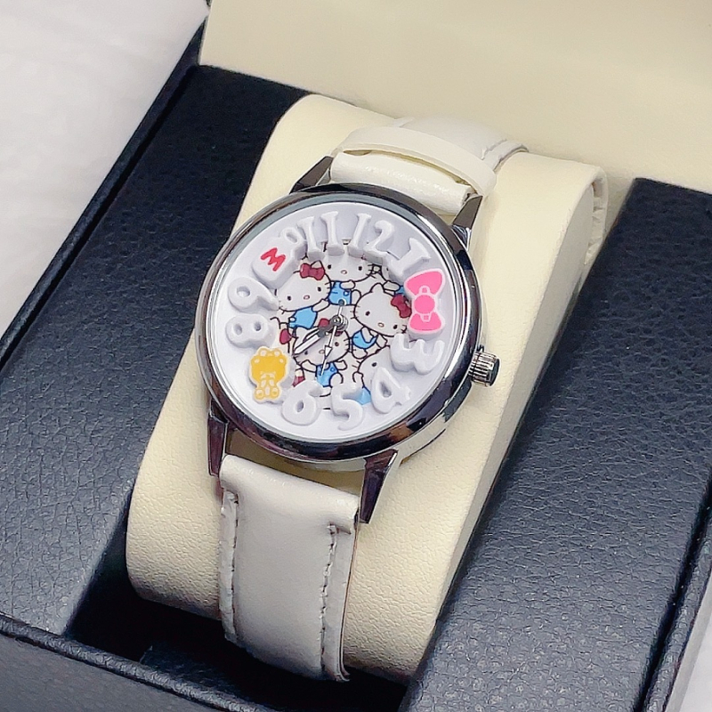 Ceas KT Cat, desen animat, analog, Timp mondial, Afișare 24 de ore, Mișcare cuarț, Carcasă din aliaj, Curea din piele ecologică