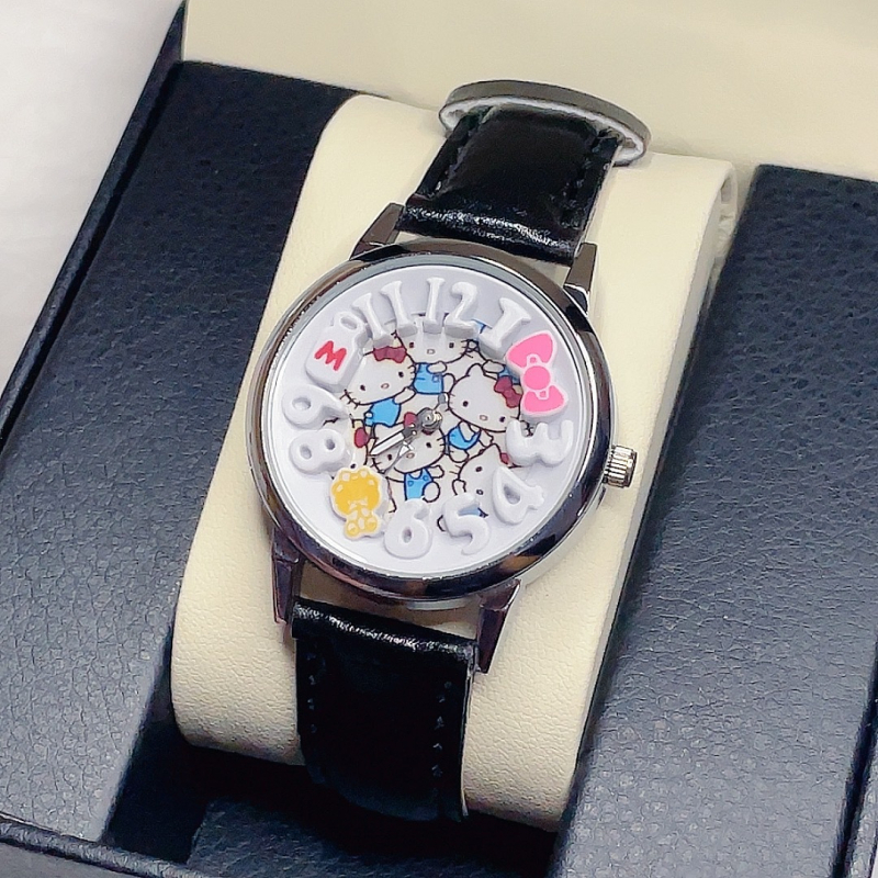 Ceas KT Cat, desen animat, analog, Timp mondial, Afișare 24 de ore, Mișcare cuarț, Carcasă din aliaj, Curea din piele ecologică