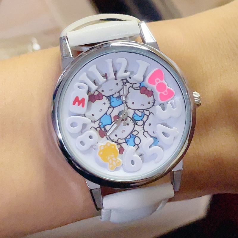 Ceas KT Cat, desen animat, analog, Timp mondial, Afișare 24 de ore, Mișcare cuarț, Carcasă din aliaj, Curea din piele ecologică