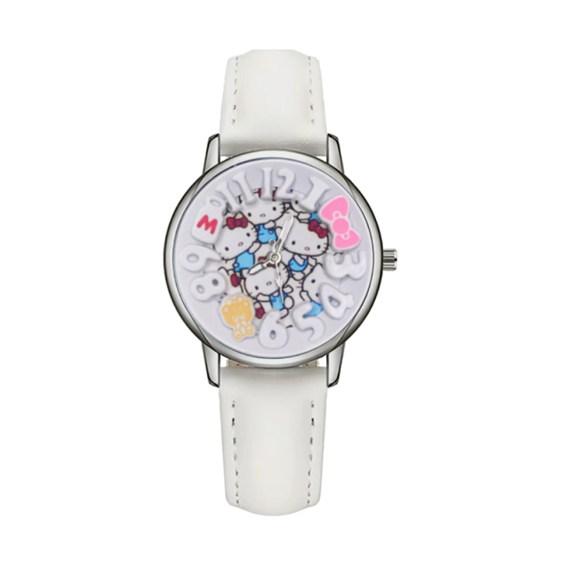 Ceas KT Cat, desen animat, analog, Timp mondial, Afișare 24 de ore, Mișcare cuarț, Carcasă din aliaj, Curea din piele ecologică