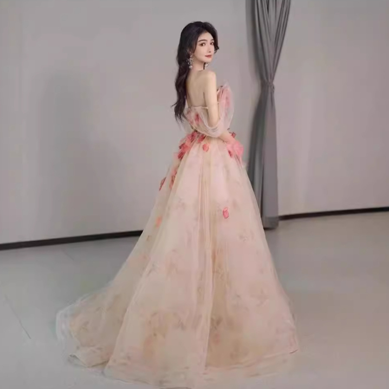 Vjenčana haljina s otvorenim ramenima, 3D cvjetne aplikacije, visoki struk, duga puff haljina, kratka šlep