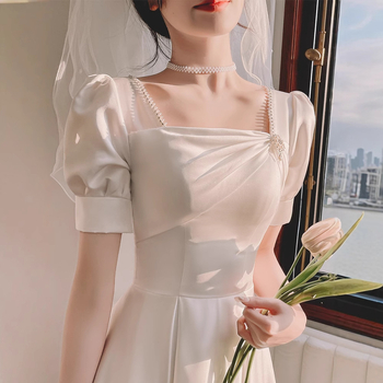 Rochie de seară pentru femei, siluetă în linie A, talie înaltă, mâneci bufante, fustă lungă, satin