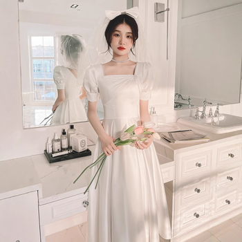 Rochie de seară pentru femei, siluetă în linie A, talie înaltă, mâneci bufante, fustă lungă, satin