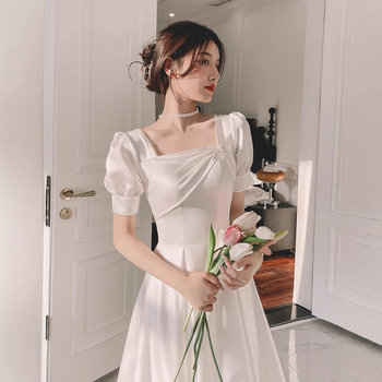 Rochie de seară pentru femei, siluetă în linie A, talie înaltă, mâneci bufante, fustă lungă, satin